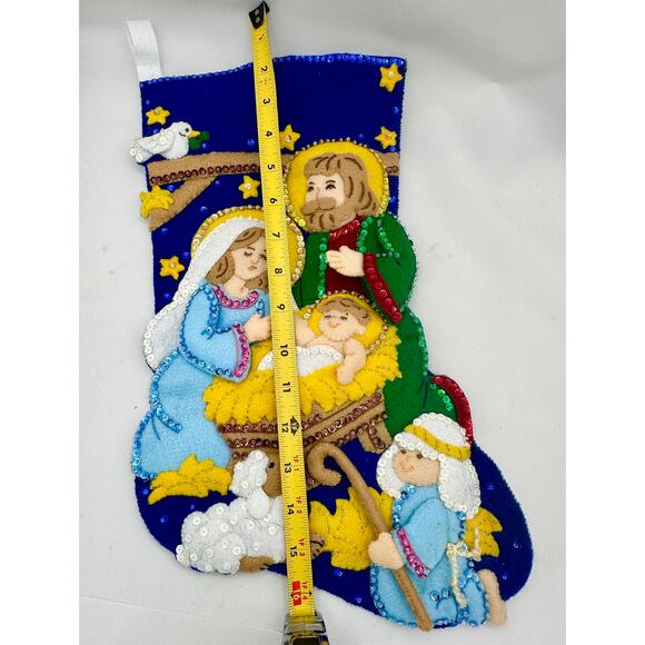 Handmade Felt Nativity Christmas Stocking Sequins, Beads, Religious Decor - Picture 4 of 7